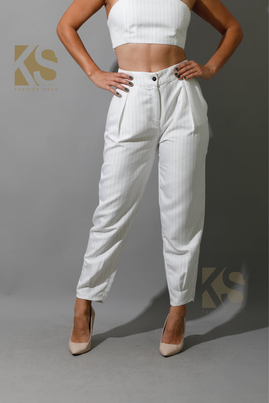 Striped Paper-bag Pants Co-Ord - White