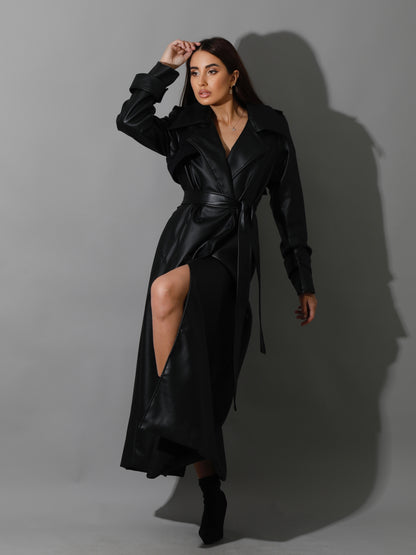 Leather Trench Coat With Suede - Black