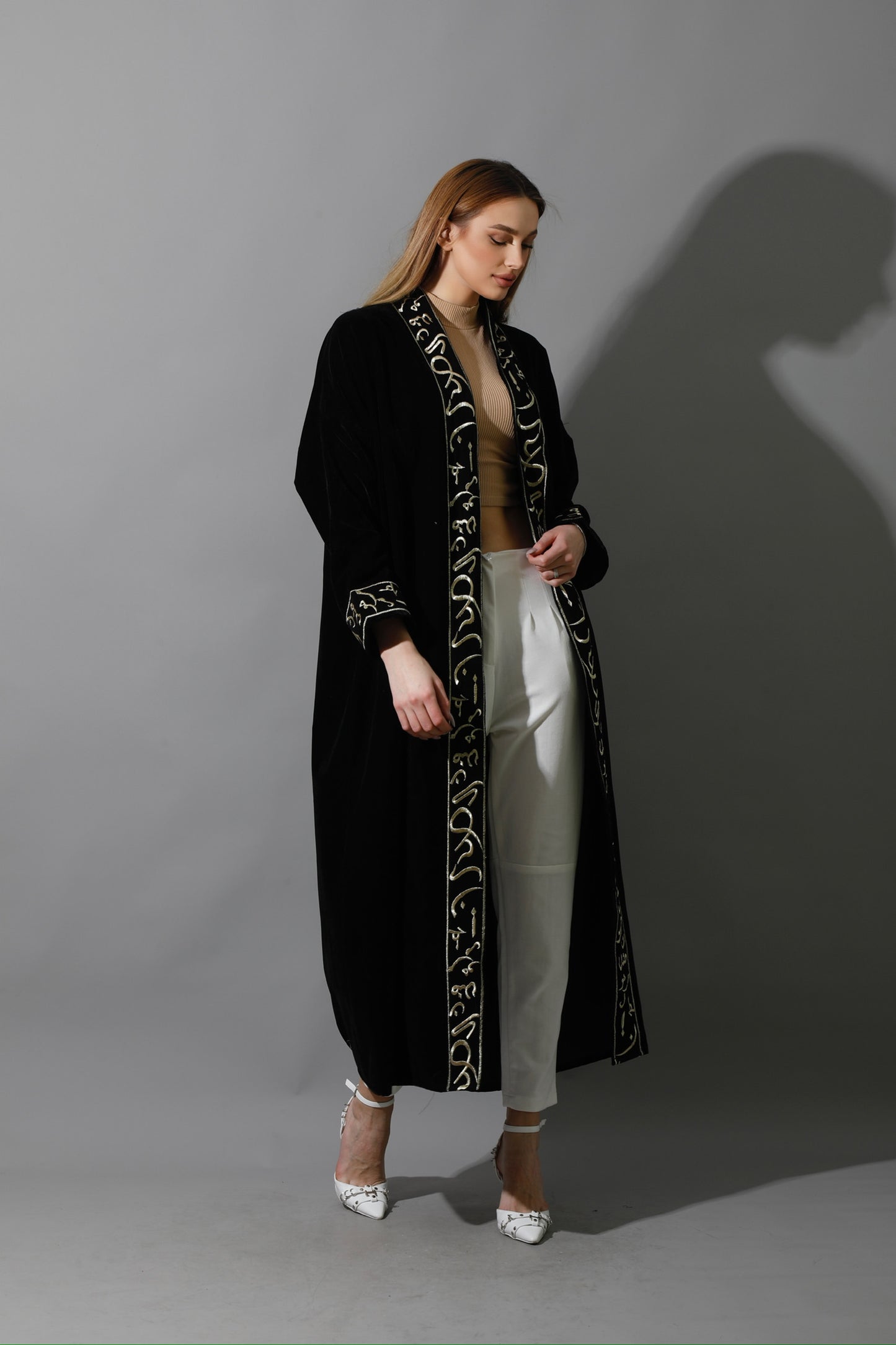 Arabic Letter Long Kaftan - Black & Gold