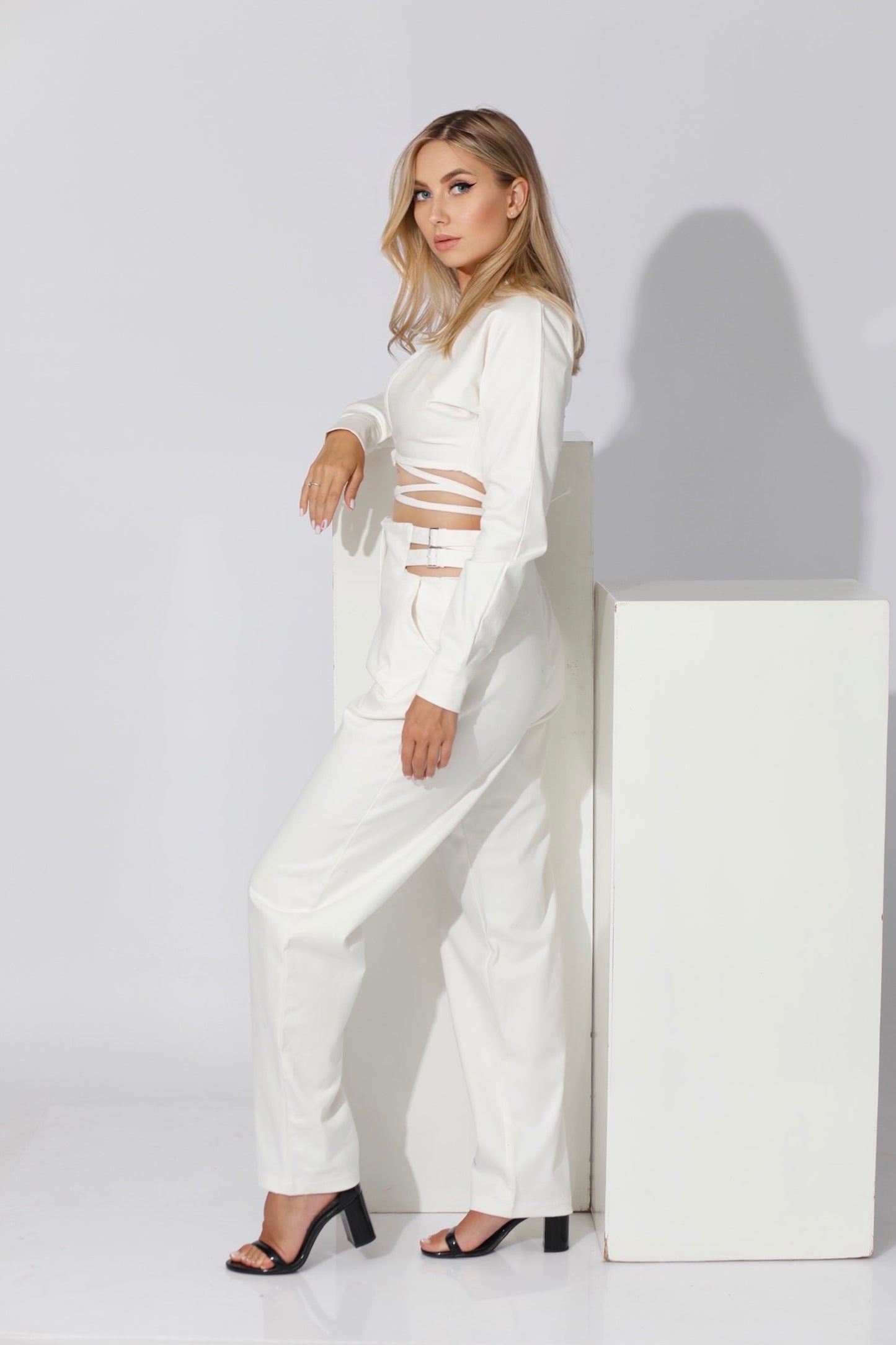 Co-ord Wrap Top & High Waist Pants - White