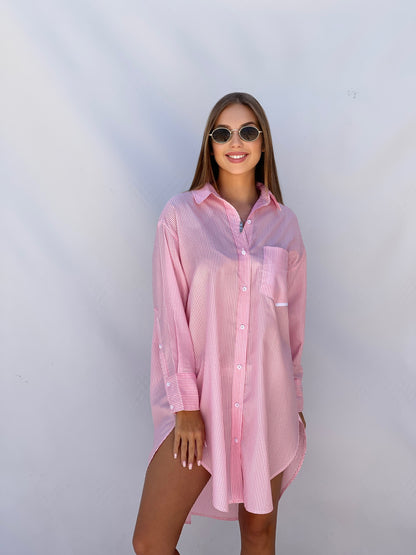 Oversized Striped Shirt Dress - Striped Pink