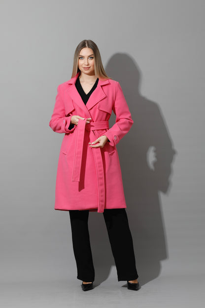Woolen Wrapped Belted trench Coat - Barbie Pink