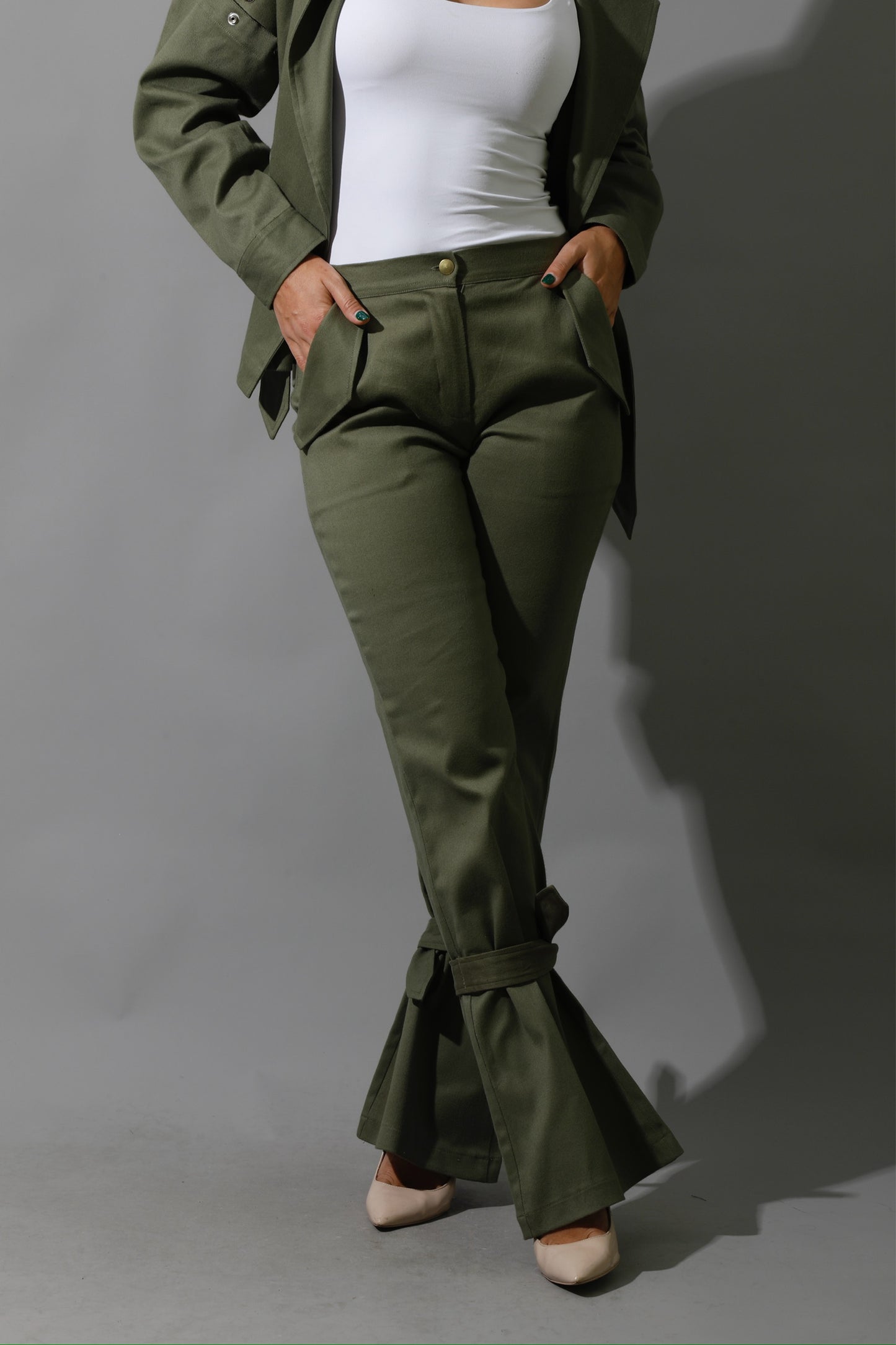 Co-Ord Detached Sleeves Jacket &  Tied BootCut pants - Olive