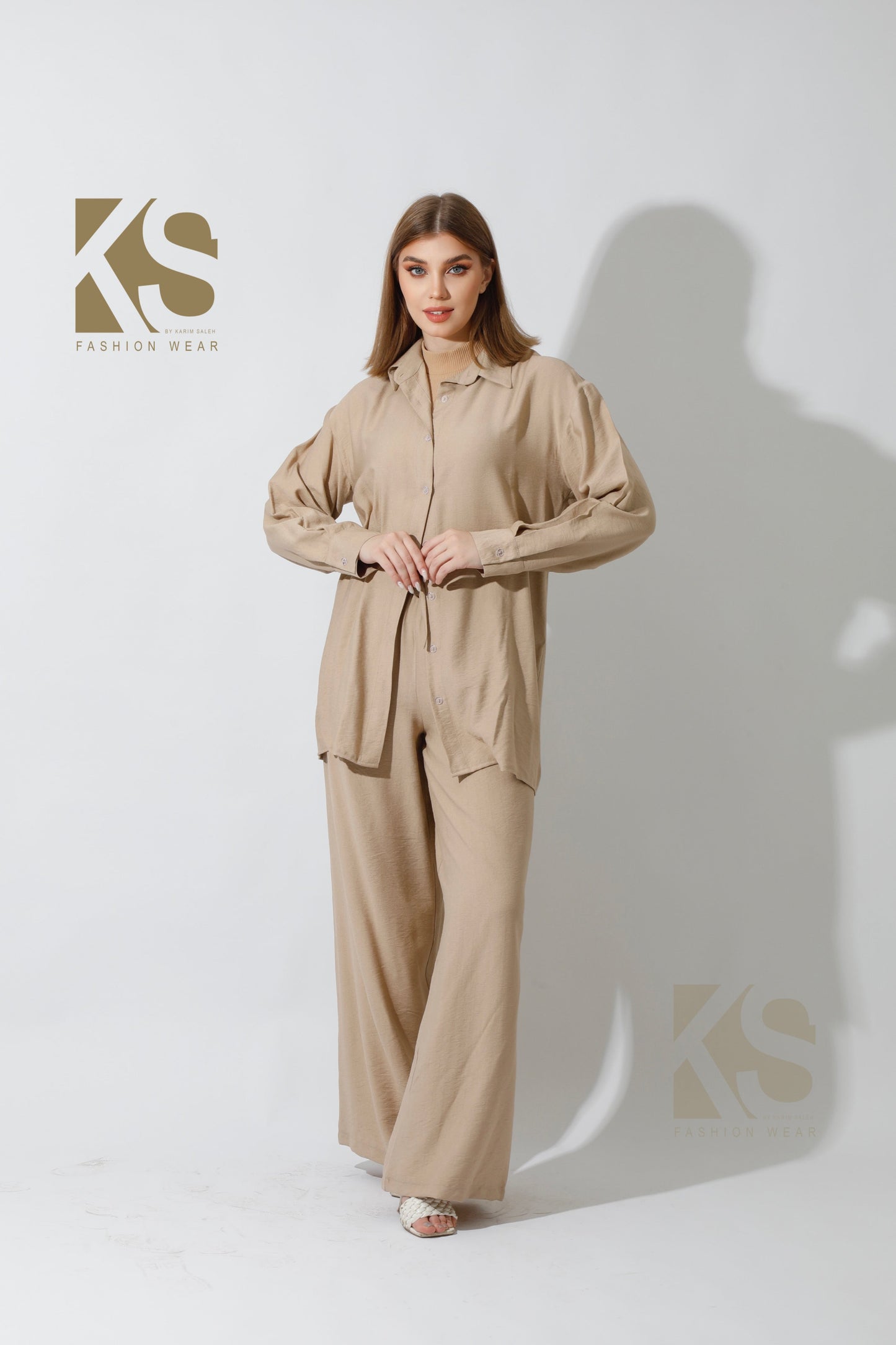 Wide Leg Trousers Set - Beige