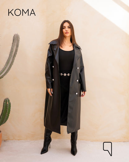 Textured Leather Coat - Black