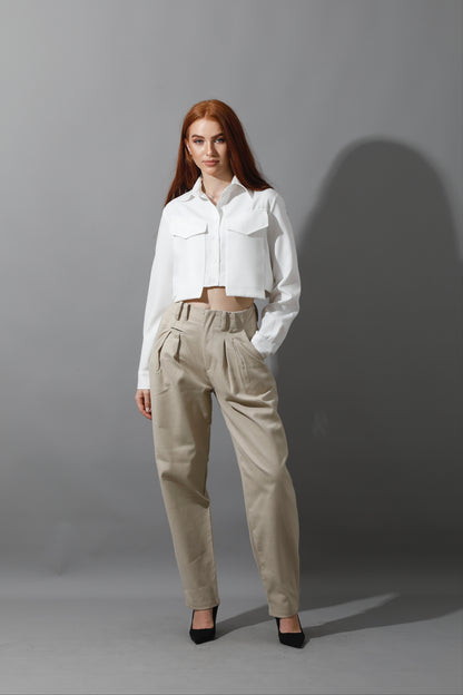 High Rise Paper-Bag Pants - Light Beige