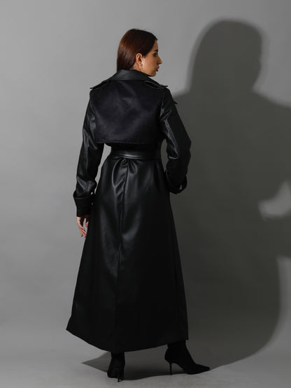 Leather Trench Coat With Suede - Black