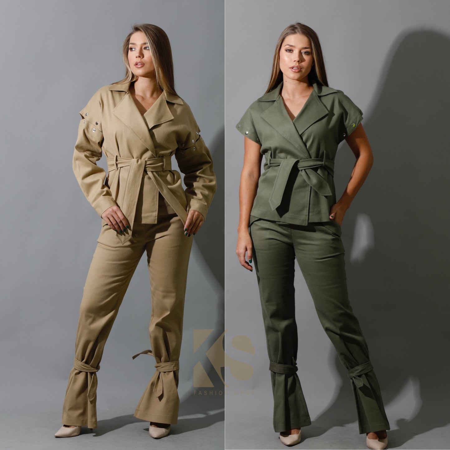 Co-Ord Detached Sleeves Jacket &  Tied BootCut pants - Olive