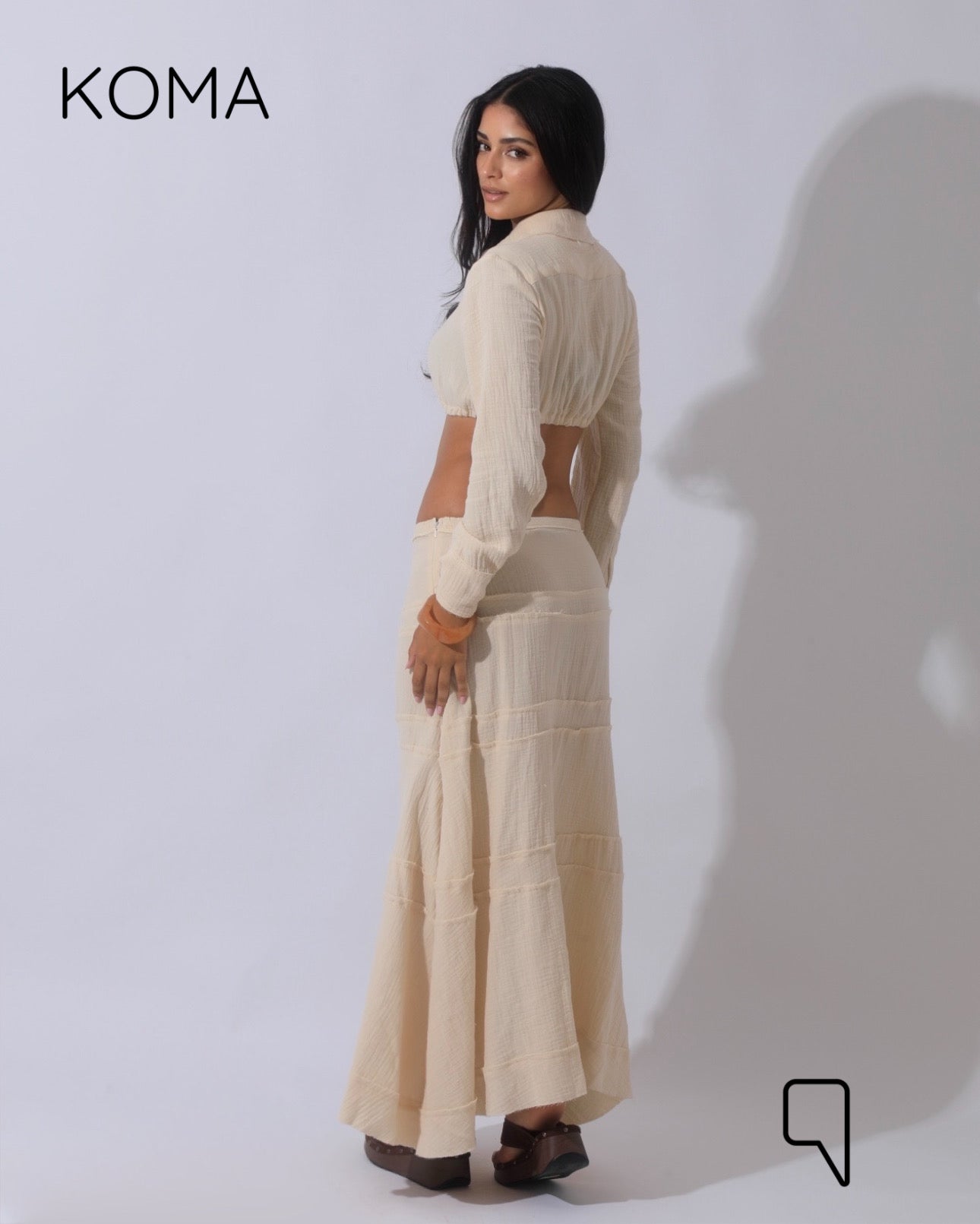 Greta Crincle Cropped Shirt & Skirt Set - Beige