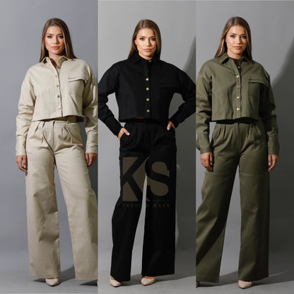 Co-ord Pleated Wide Leg Pants & Cropped Shirt - Black