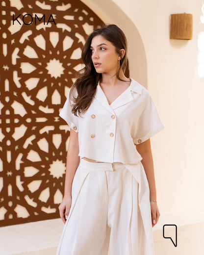Mira Crossover Short Shirt & Cropped Pants Set - White