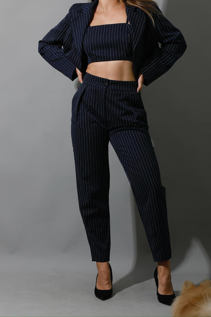 Striped Cropped Blazer, Bra Top & Paper-bag Pants Co-Ord - Navy