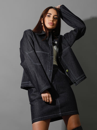 Co-Ord Jeans Sleeves Jacket - Navy Blue