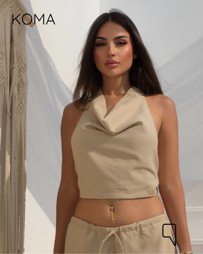 Ember Tied Up Top & Blend Trousers Set - Beige