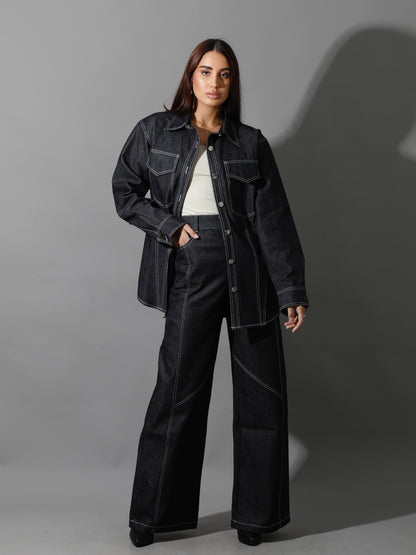 Co-Ord Jeans Cutout Shirt & Cutout Pants - Navy Blue