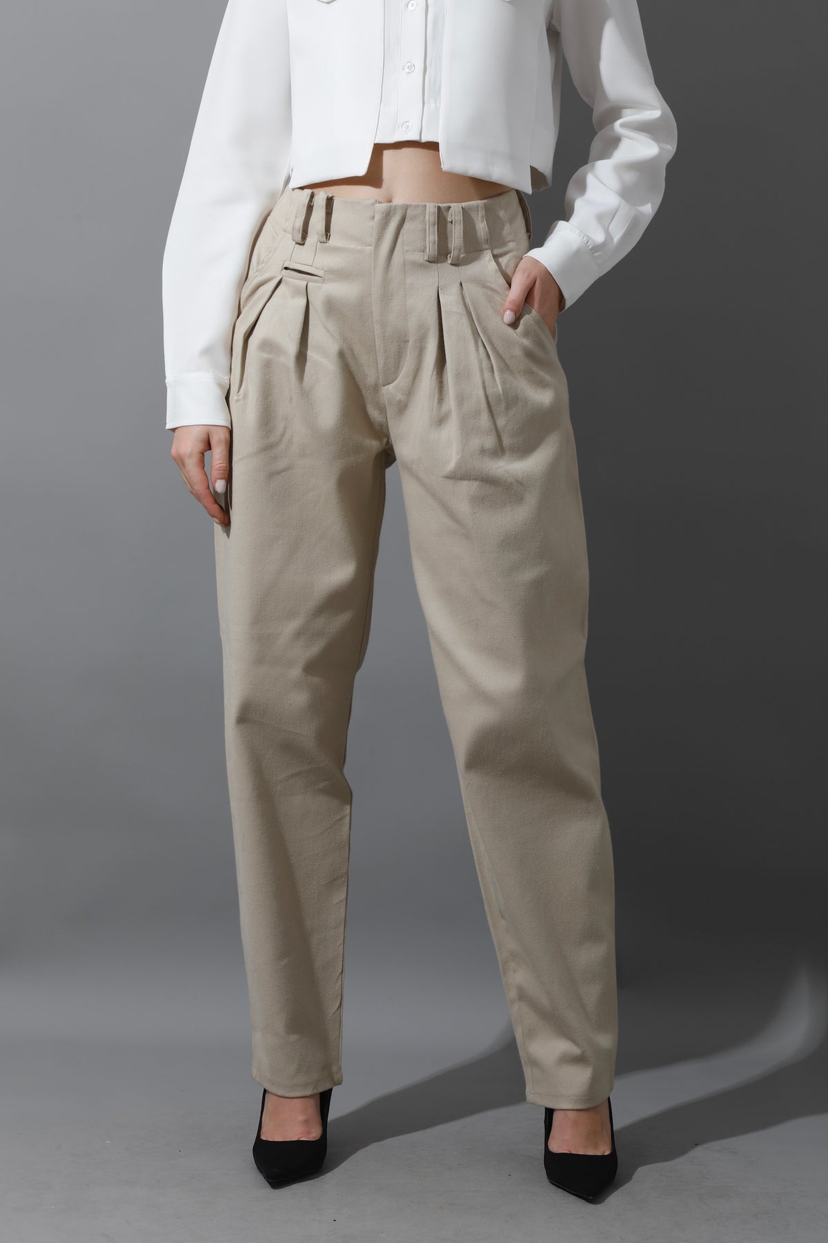 High Rise Paper-Bag Pants - Light Beige