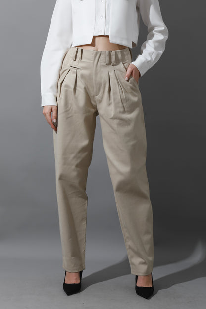 High Rise Paper-Bag Pants - Light Beige