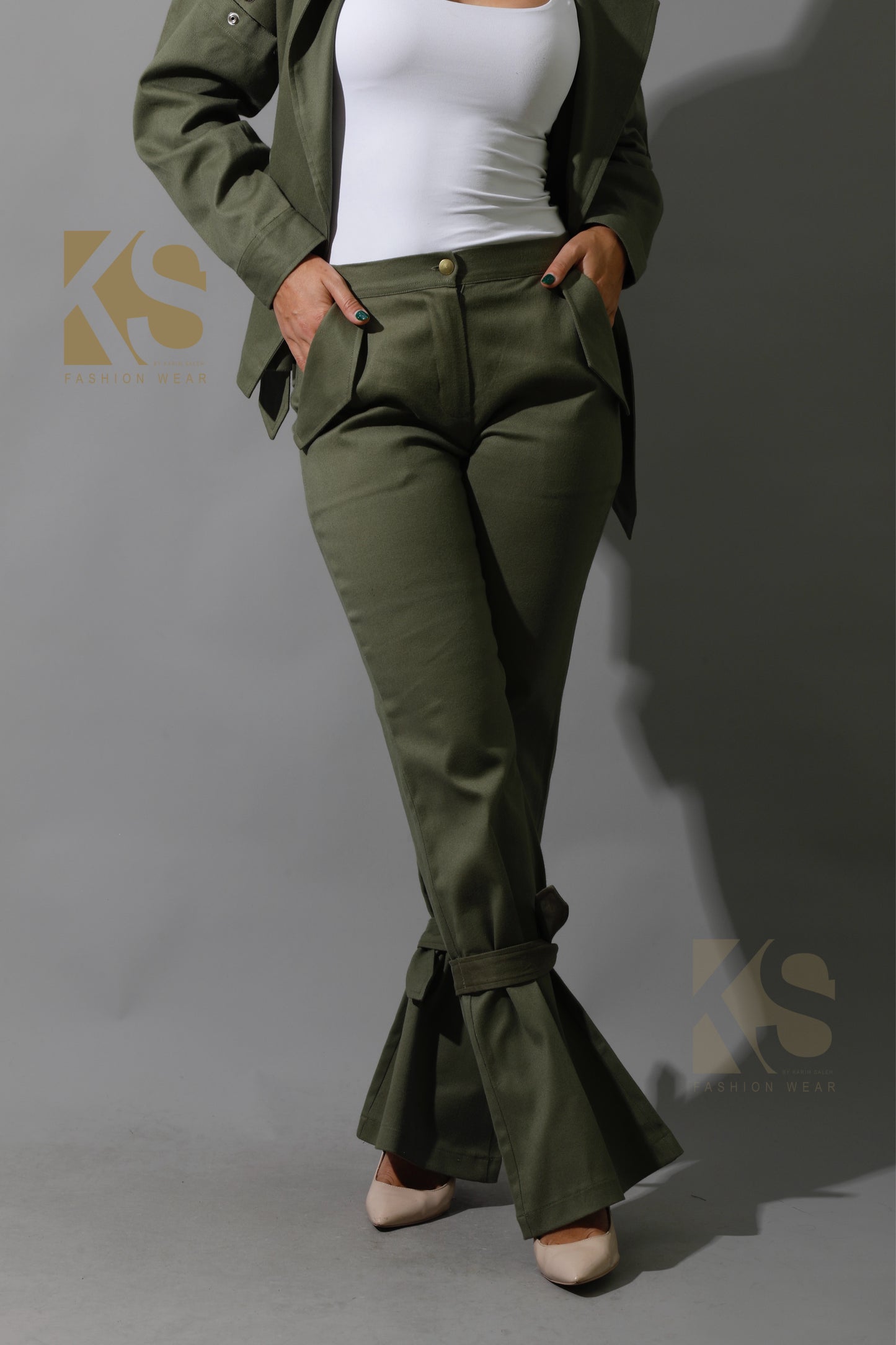 Co-Ord Detached Sleeves Jacket &  Tied BootCut pants - Olive