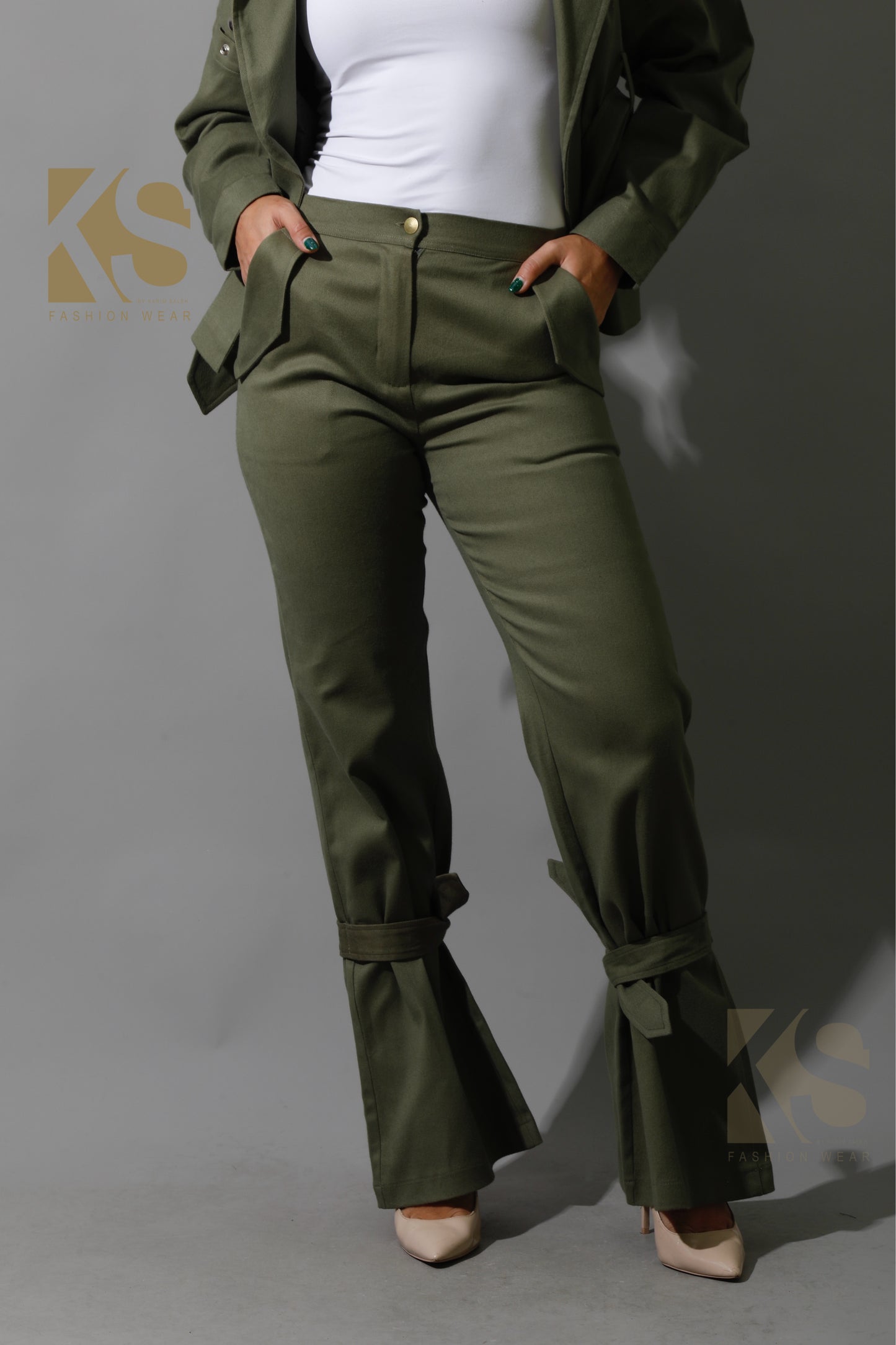 Co-Ord Detached Sleeves Jacket &  Tied BootCut pants - Olive