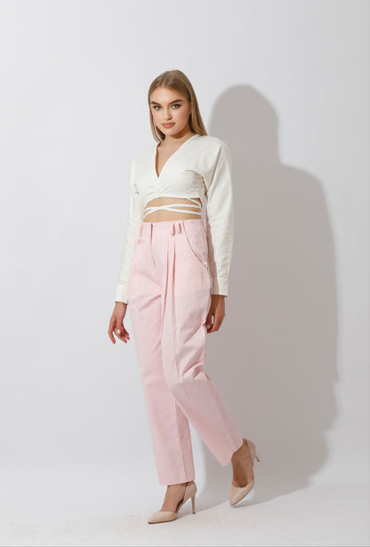 High Rise Paper-Bag Pants - Pink