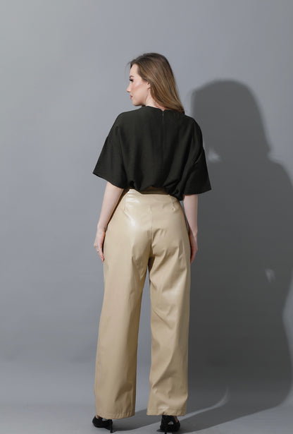Leather Wide Leg Trousers - Beige