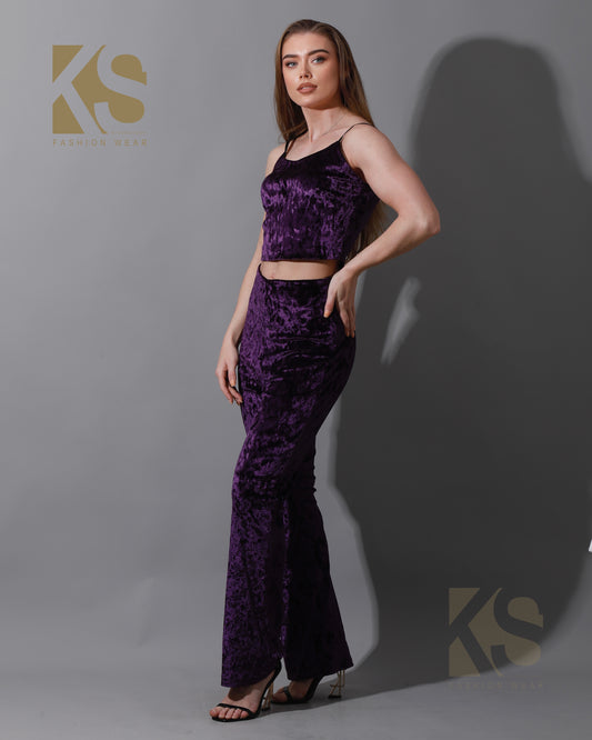 Velvet Crop Top & Bootcut Trousers Set - Purple