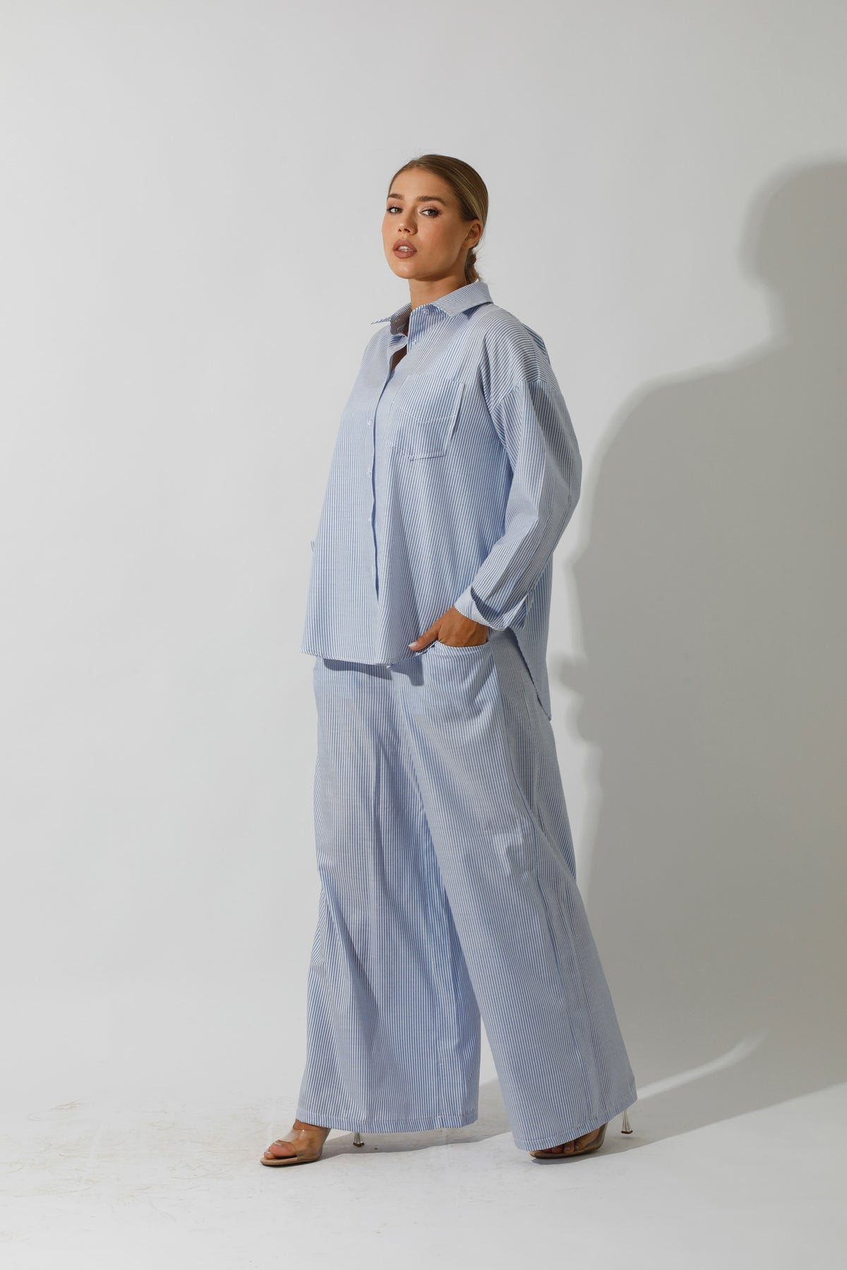 Co-Ord Wide Leg trousers & Lose Shirt Striped - Striped Blue