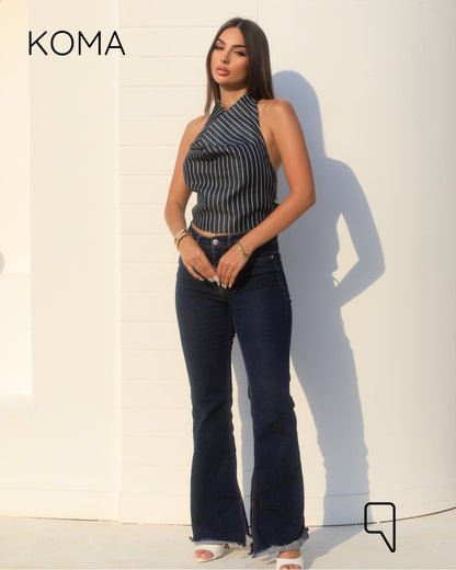 Ember Striped Tied Up Top - Navy