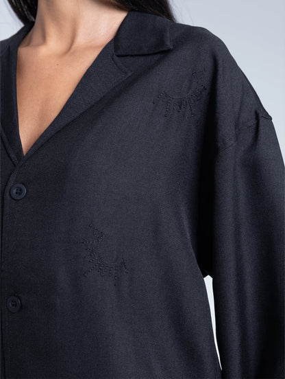 Ella Stitch Linen Shirt In Sand - Black
