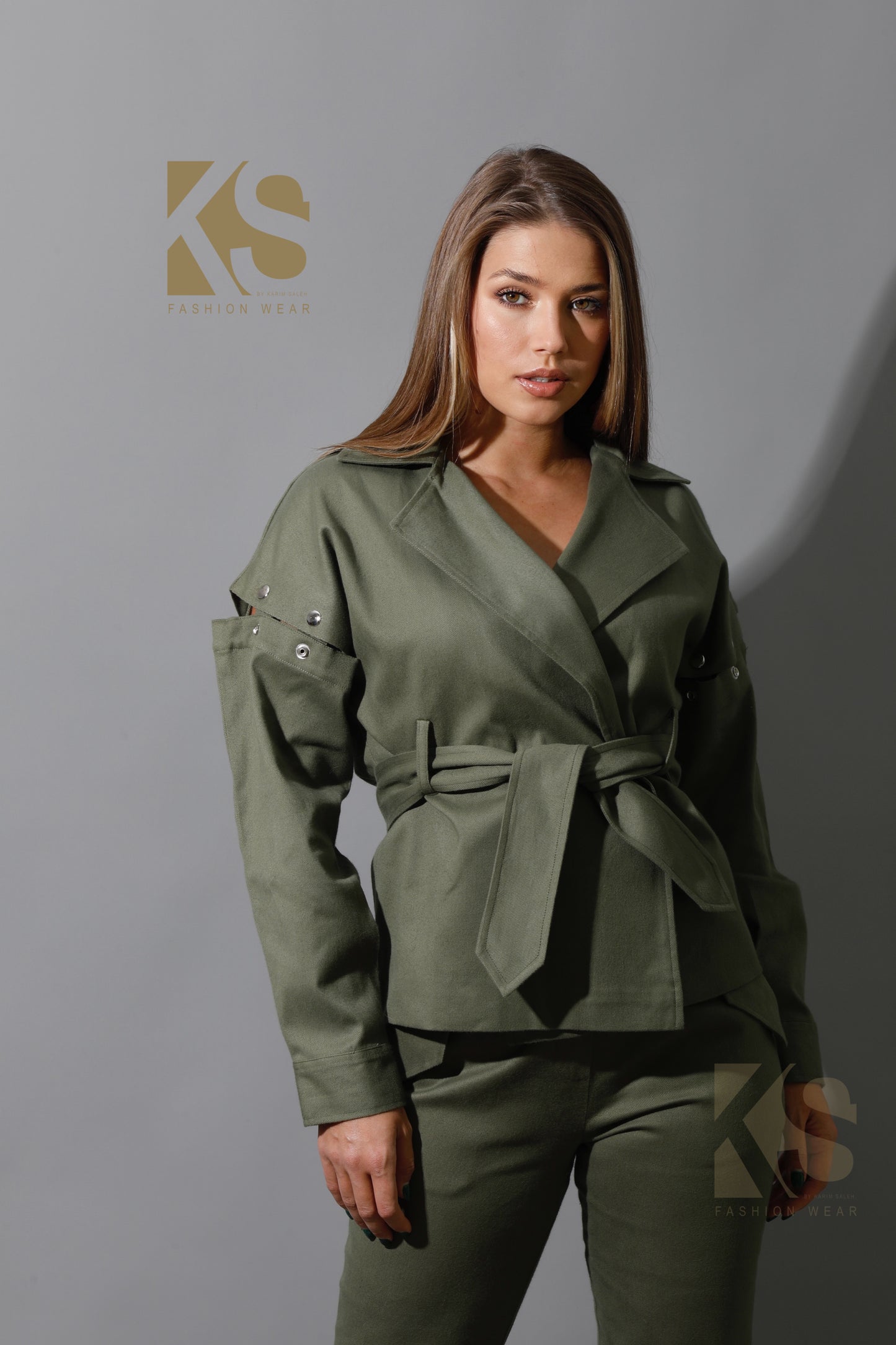 Co-Ord Detached Sleeves Jacket &  Tied BootCut pants - Olive