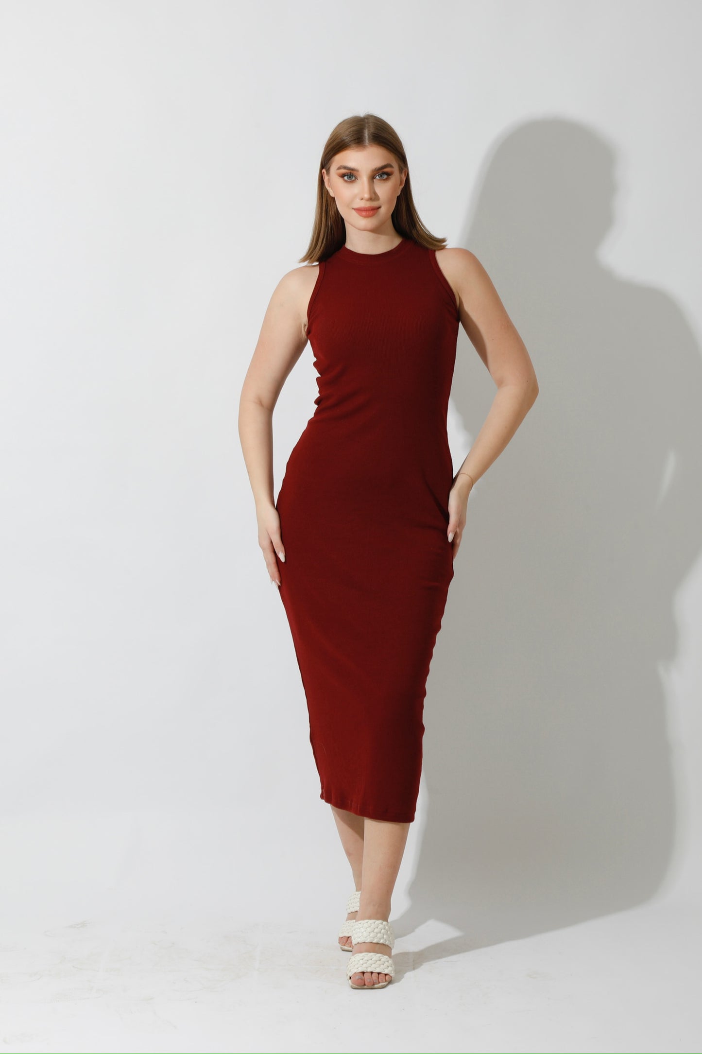 Slinky High Neck Midi Sleeveless Dress - Maroon