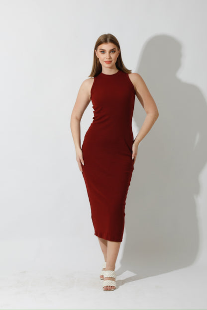 Slinky High Neck Midi Sleeveless Dress - Maroon