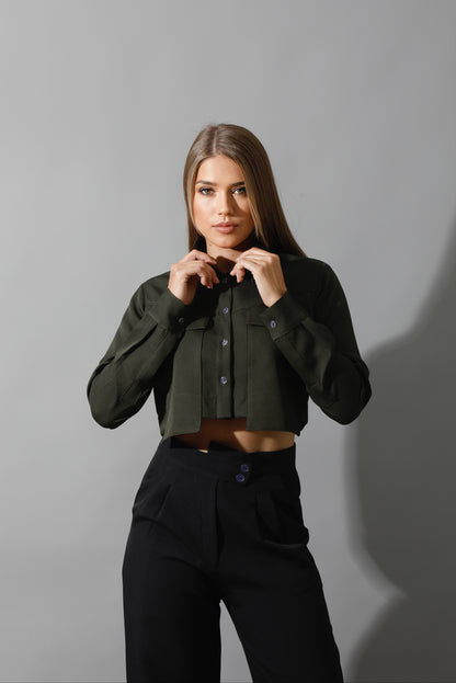 Pockets Cropped Shirt - Olive