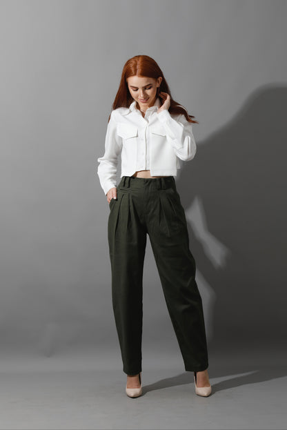 High Rise Paper-Bag Pants - Olive
