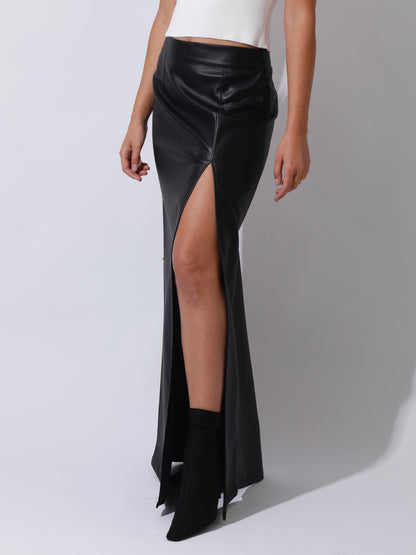 Leather Front Slit Skirt - Black