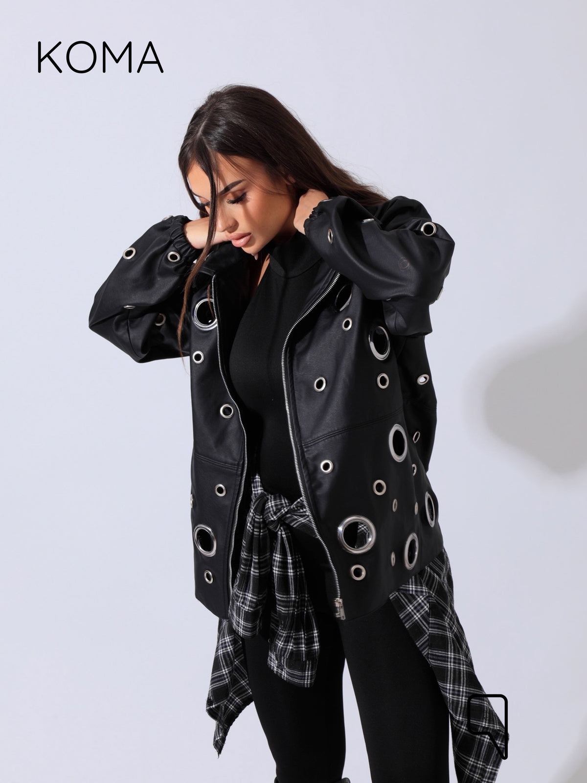 Cailyn Leather eyelet Jacket - Black