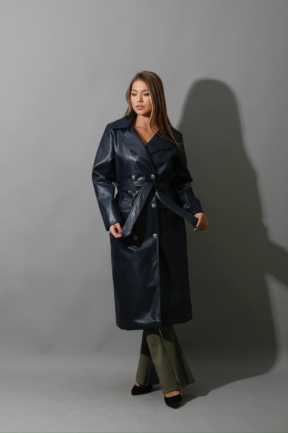 Textured Leather Coat - Navy