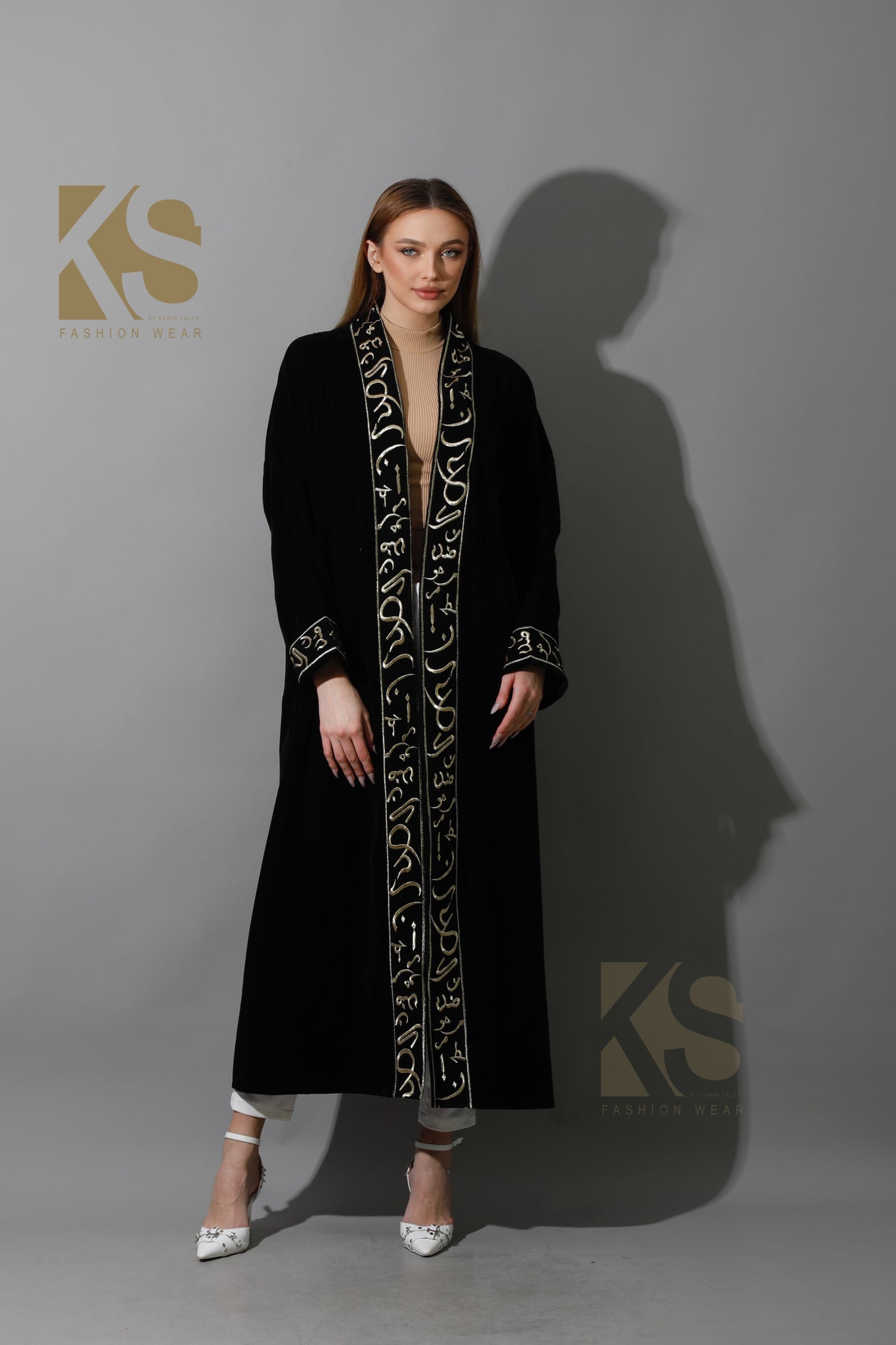 Arabic Letter Long Kaftan - Black & Gold