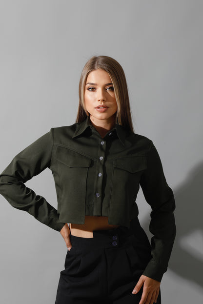 Pockets Cropped Shirt - Olive