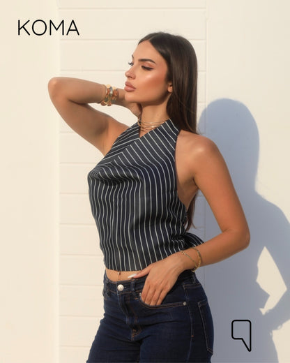 Ember Striped Tied Up Top - Navy