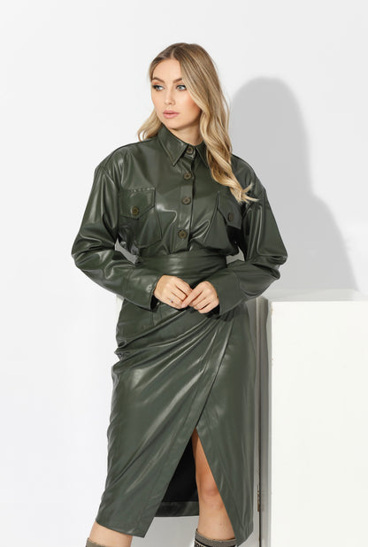 Co-Ord Leather Oversized Shirt & Wrapped Skirt - Olive