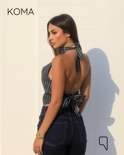 Ember Striped Tied Up Top - Navy