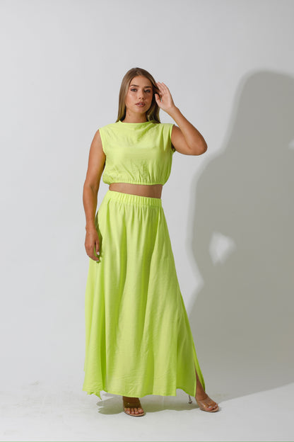 Co-Ord Maxi Side Slite Skirt - Lime Green