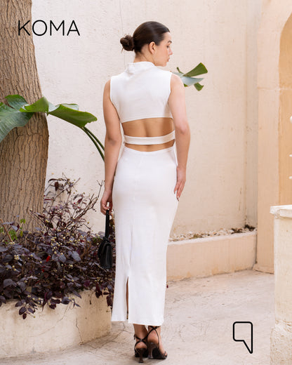 Naomi Halter Neck Midi Sleeveless Dress - White
