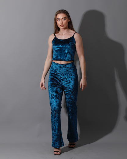 Velvet Crop Top & Bootcut Trousers Set - Petrol