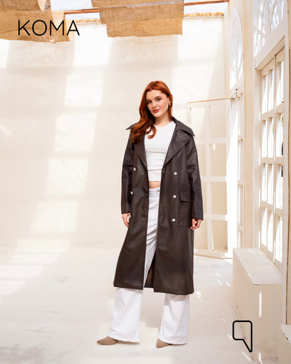 Textured Leather Coat - Dark Brown