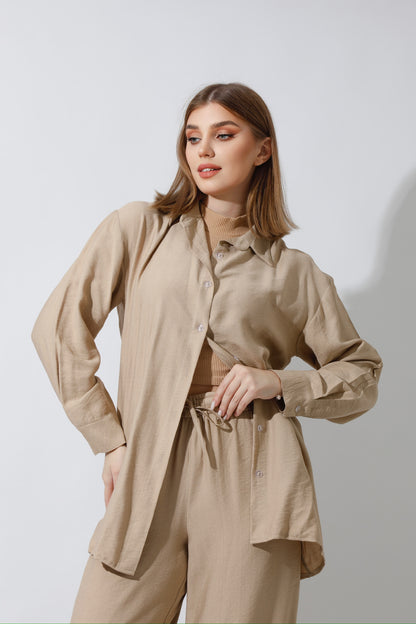 Co-Ord Long Sleeves Shirt - Beige