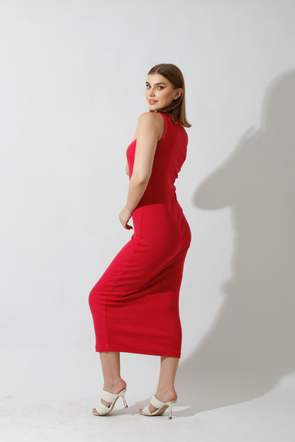 Slinky High Neck Midi Sleeveless Dress - Barbie Pink