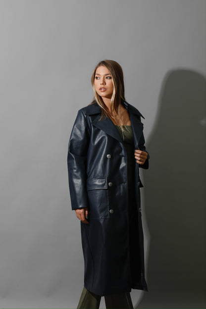 Textured Leather Coat - Navy