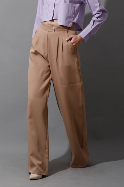 Noelle High Waist Wide Leg Trousers - Beige